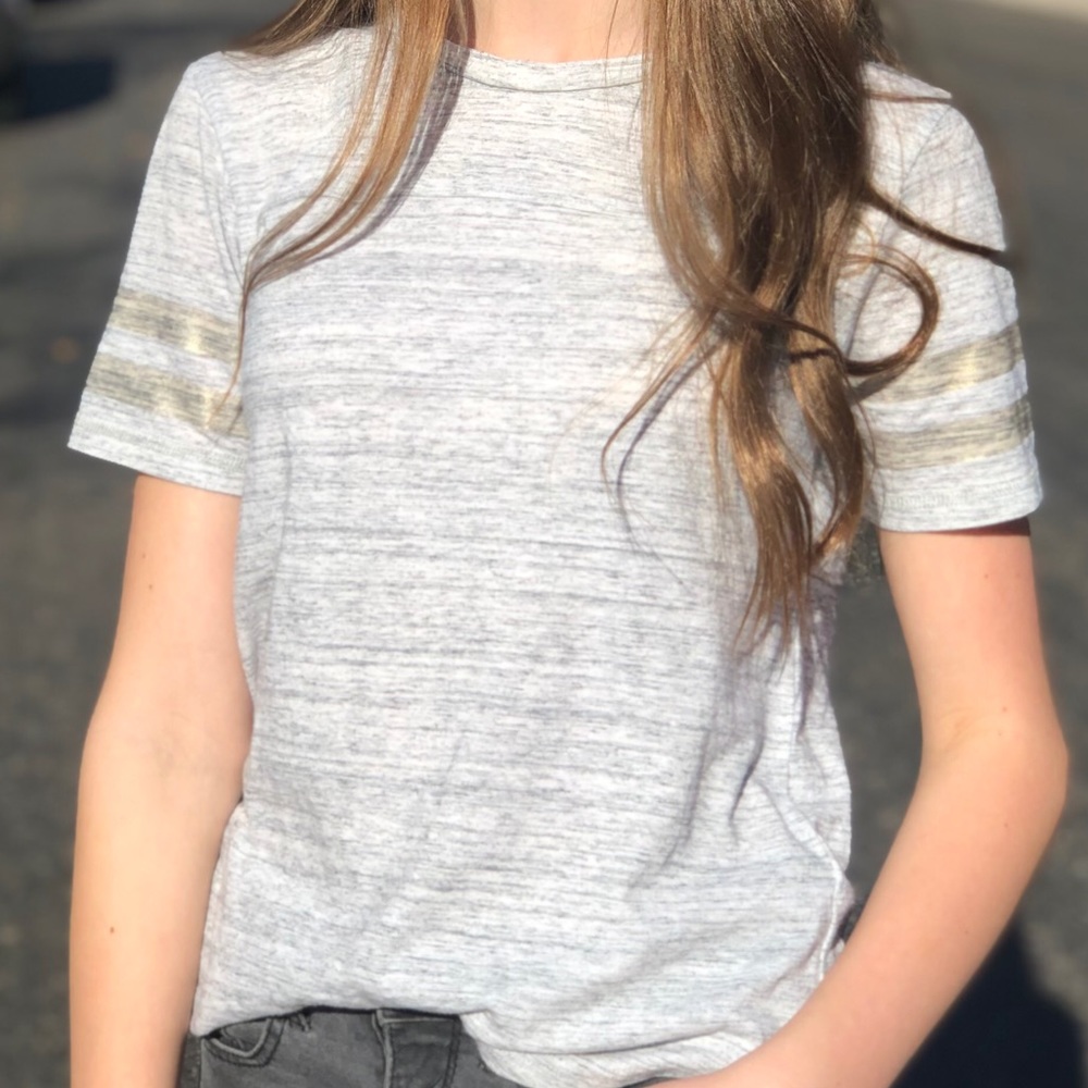 Gray t shirt with gold strips on sleeves